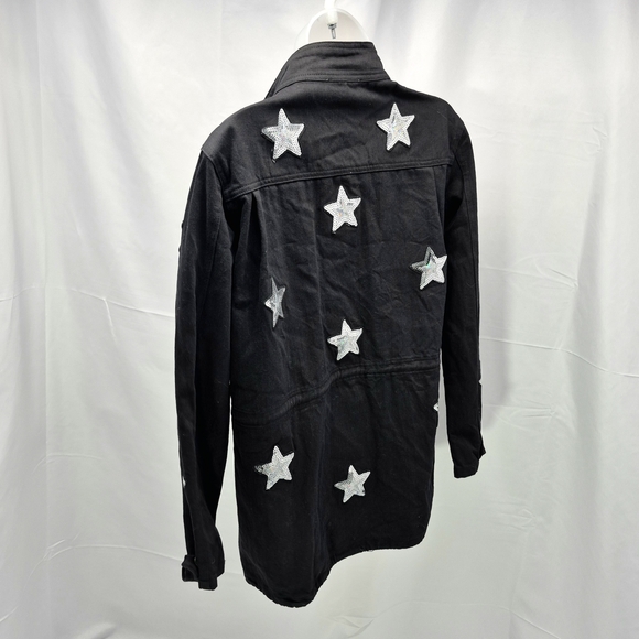 Buddy Love Black Sequin Star Military Utility Jacket Cotton Canvas Parker Cargo - Picture 4 of 13